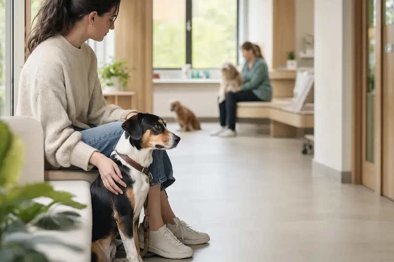 Ein Dänisch-Schwedischer Hofhund sitzt ruhig neben seinem Besitzer im hellen Wartezimmer einer modernen Tierarztpraxis.